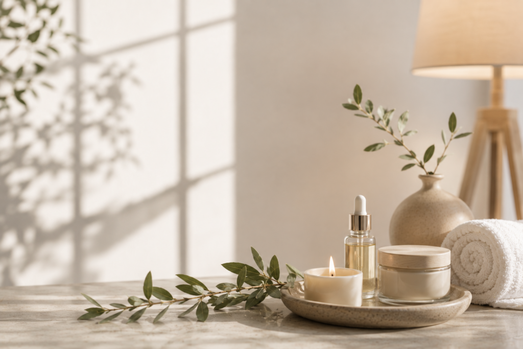 Serum-Pipettenflasche, Cremetiegel und brennende Kerze auf Keramikschale neben weißem Handtuch und Olivenzweig.