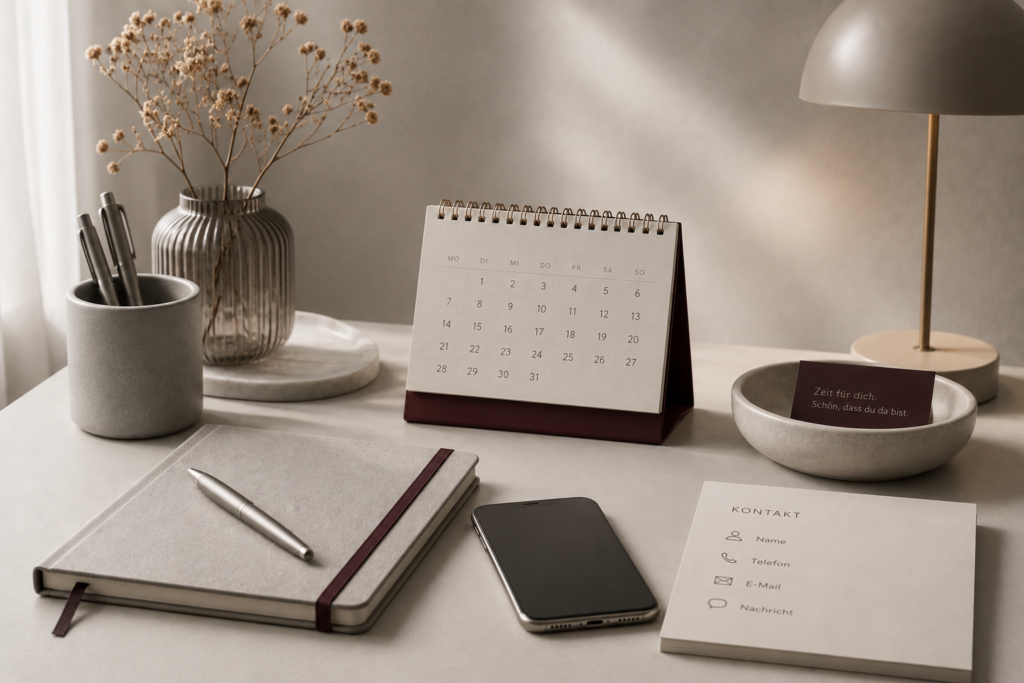 Tischkalender, Notizbuch mit Stift, Smartphone und ein Kontakt-Notizblock auf einem beigen Schreibtisch.